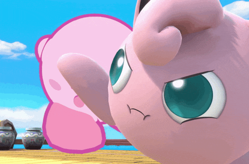 a close up of a pink cartoon character 's face