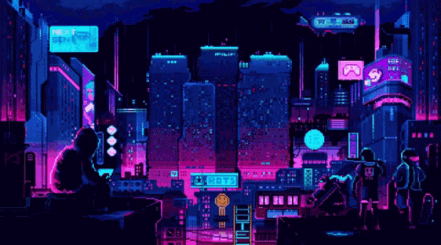 a pixel art illustration of a futuristic city at night with a gorilla holding a controller .
