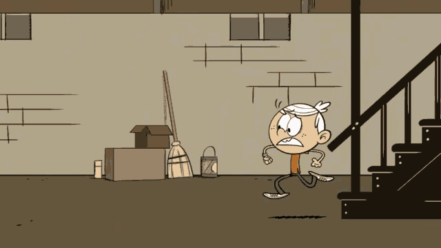 a cartoon character named lincoln loud is running down the stairs