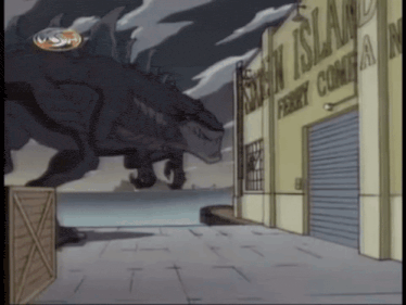 a cartoon drawing of a monster standing in front of a building that says new island ferry company