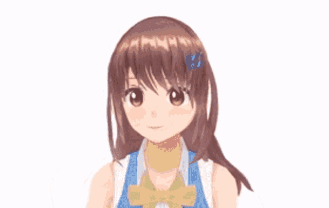 a cartoon girl with long brown hair and a blue bow in her hair is waving her hand .
