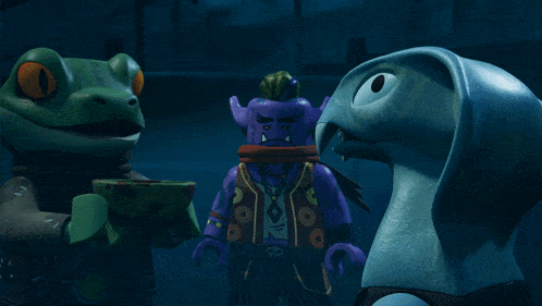 a group of cartoon characters including a frog and a snake are standing next to each other