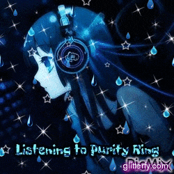 a girl wearing headphones with the words listening to purity ring on the bottom