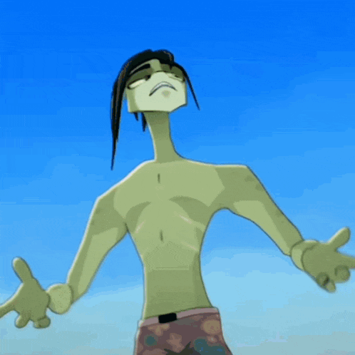 a cartoon character with a long neck is looking up into the sky