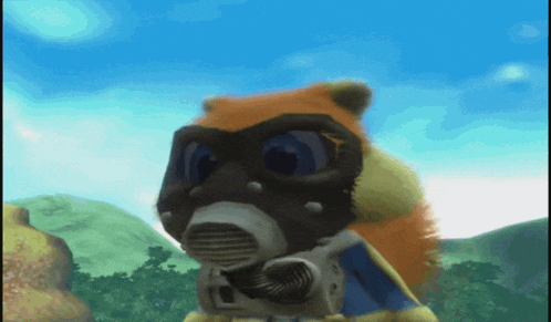 a cartoon squirrel wearing a gas mask with a blue sky in the background