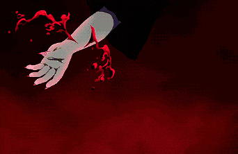 a pixel art drawing of a hand with red glowing fingers