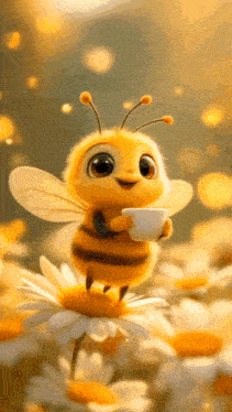 a bee is sitting on a daisy holding a cup of coffee .