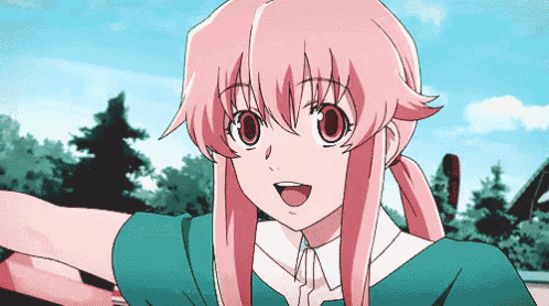 a girl with pink hair and big red eyes is smiling