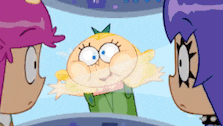 three cartoon characters are looking at a cartoon character in a glass box