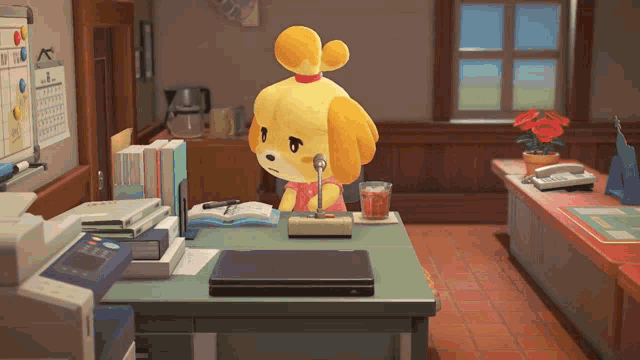 a cartoon dog is sitting at a desk with a microphone in a room .