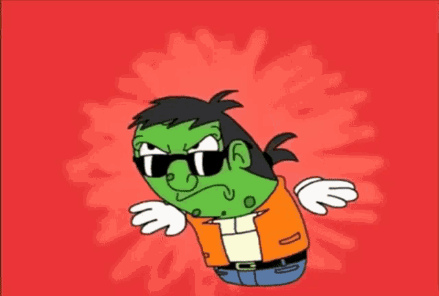 a green cartoon character wearing sunglasses and a jacket is pointing at the camera .
