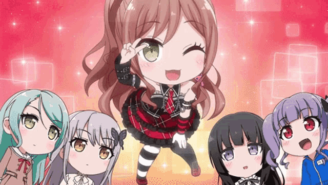 a group of anime girls with one wearing a blue jacket