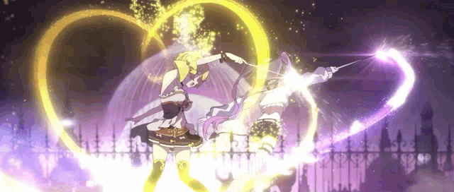 a girl with a sword is surrounded by a heart shaped circle of light