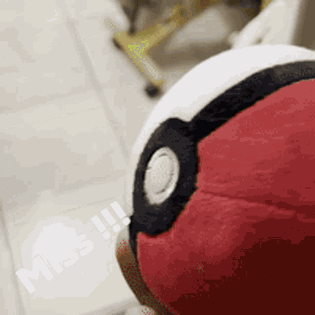 a person holding a red and white ball with the words miss written on it