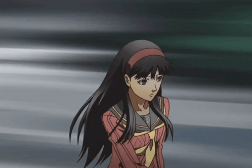 a girl with long black hair and a red headband has the letter p on her shirt