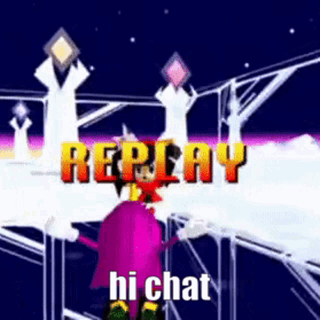 a cartoon character is standing in front of a sign that says replay hi chat