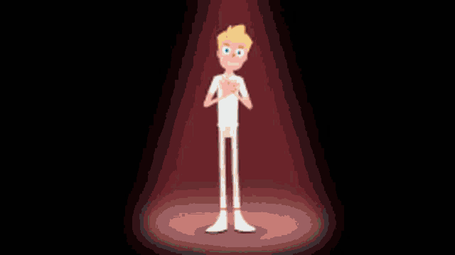 a group of cartoon characters are standing around a man in a white shirt .