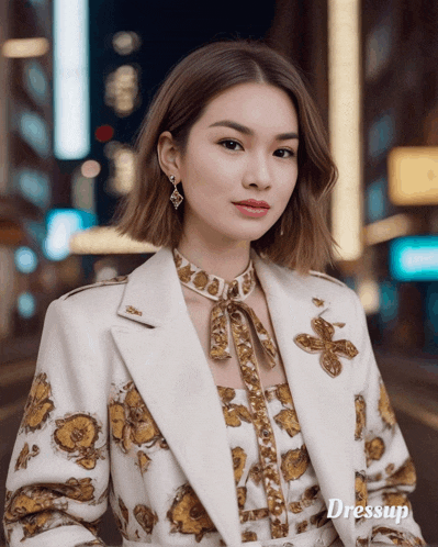 a woman is wearing a white jacket with gold flowers on the sleeves and the word dressup on the bottom