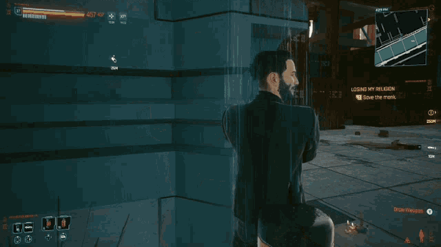 a video game screen shows a man standing in front of a sign that says " legend my religion "