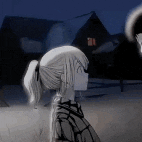 a couple of anime characters are standing next to each other in front of a house .