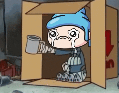 a cartoon character is crying while sitting in a cardboard box holding a mug .