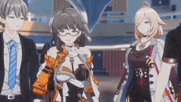 a group of anime characters are standing next to each other with one of them wearing glasses
