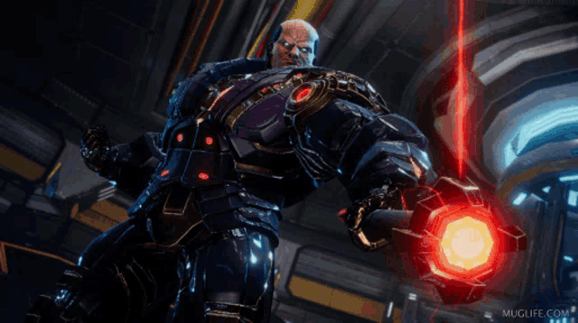 a video game character is holding a red object with the words yes written above him