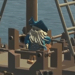 a lego figure with a beard and hat is sitting on a wooden fence near the water .