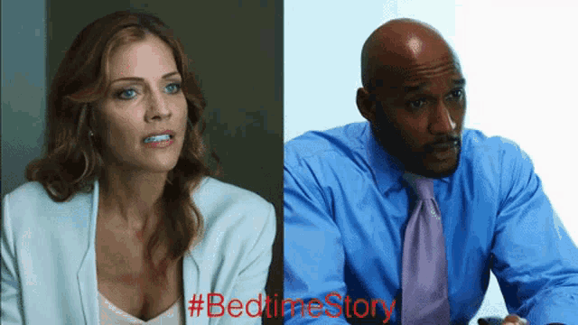 a man and a woman are sitting next to each other with #bedtimestory written on the bottom right