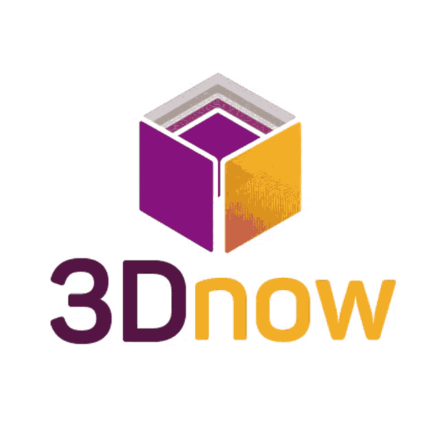 a logo for 3dnow with a purple cube