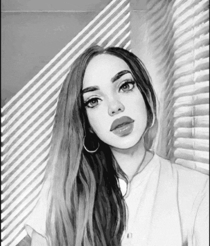 a black and white drawing of a woman with long hair and hoop earrings