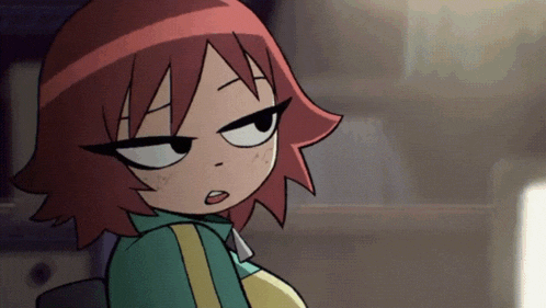 a close up of a cartoon character with red hair and a green jacket