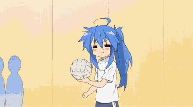 a cartoon girl with blue hair and a white shirt is smiling