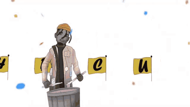 a cartoon of a man standing in front of a trash can holding a toothbrush and playing drums .