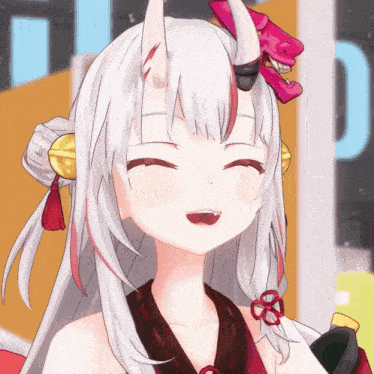 a girl with white hair and horns has a red mask on her head