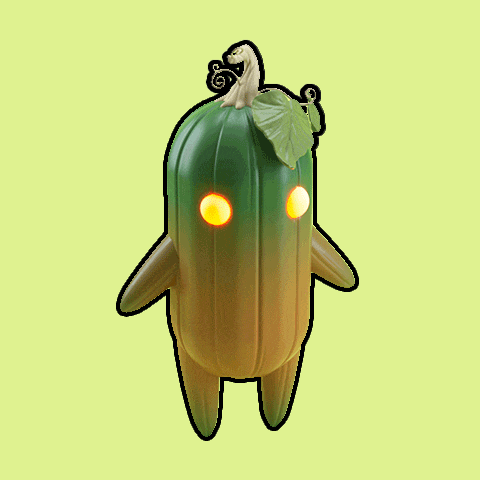 a cartoon drawing of a pumpkin with glowing eyes and a leaf on top