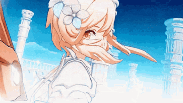 an anime girl with a flower in her hair