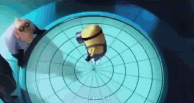 a man and a minion are standing in a circle on a blue surface .