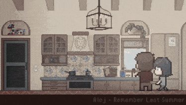 a pixel art of a kitchen with alej remember last summer written on the bottom