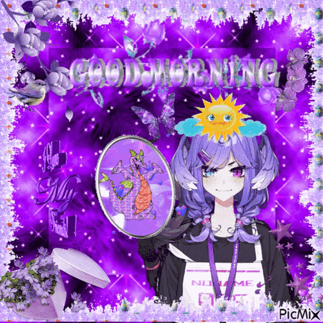 a girl with purple hair is holding a mirror with a picture of a dragon on it and says good morning