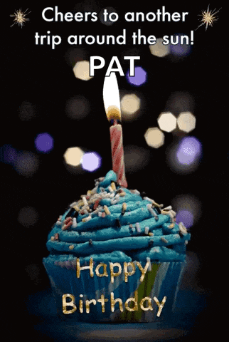 a birthday card for pat with a blue cupcake and a lit candle