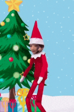 an elf on the shelf is dancing in front of a christmas tree and presents .