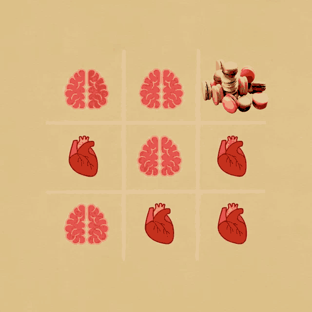 a tic tac toe game with brains and hearts on a tan background