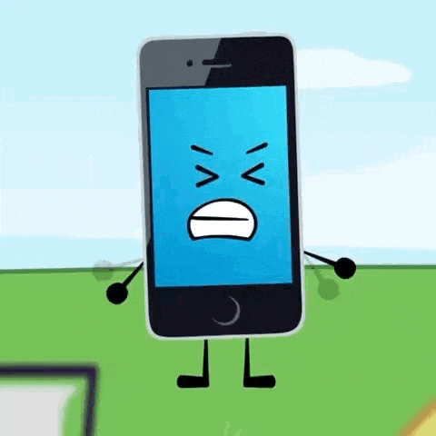 a cartoon character of a cell phone with arms and legs is standing on a grassy field .