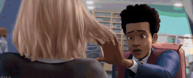 a man is touching a woman 's hair in a cartoon scene