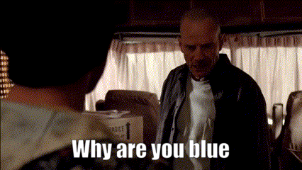 a man talking to another man with the words why are you blue written on the screen