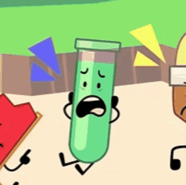 a green test tube with a face and arms and legs is standing next to a red object and a yellow object .