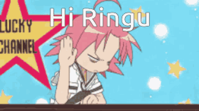 a cartoon of a girl with pink hair says hi ringu on a blue background