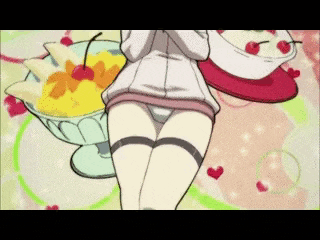 a girl is standing in front of a bowl of ice cream with a cherry on top ..