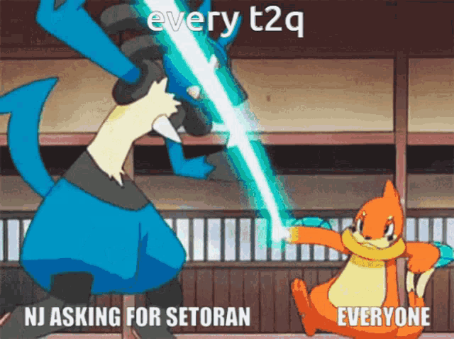 a cartoon of two pokemon fighting with the caption every t2q